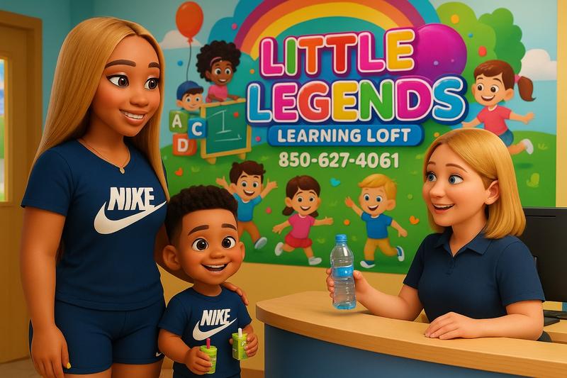 A family being welcomed at the Little Legends Learning Loft front desk