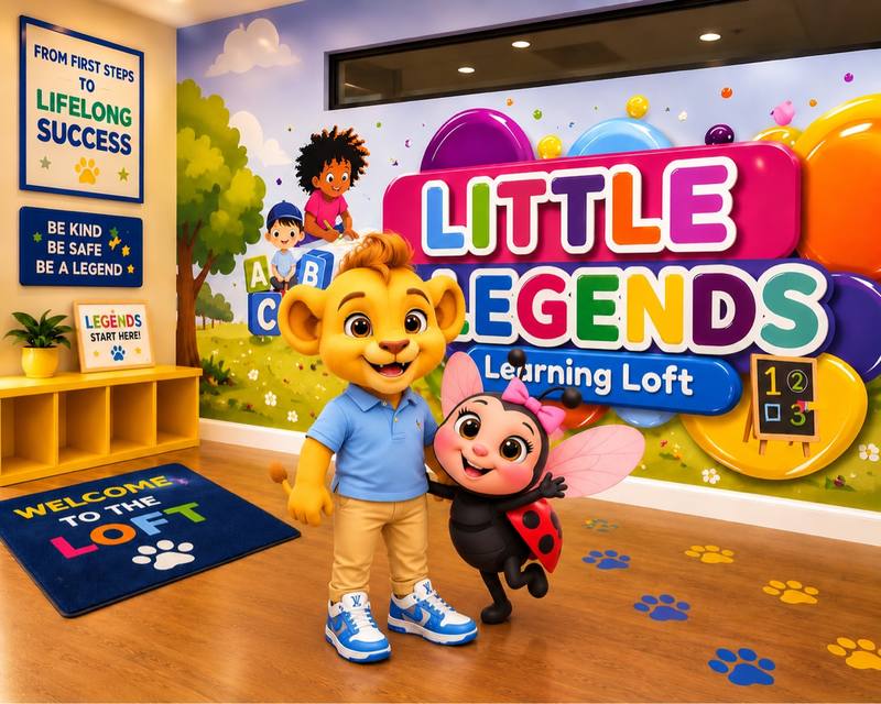 Kash the lion cub and Pixie the ladybug together in the Loft lobby
