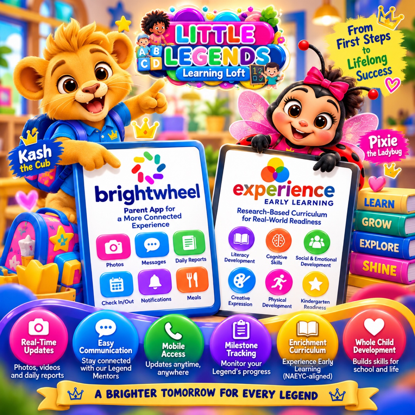 Kash the Cub and Pixie the Ladybug showcasing our Brightwheel and Experience Early Learning partnerships