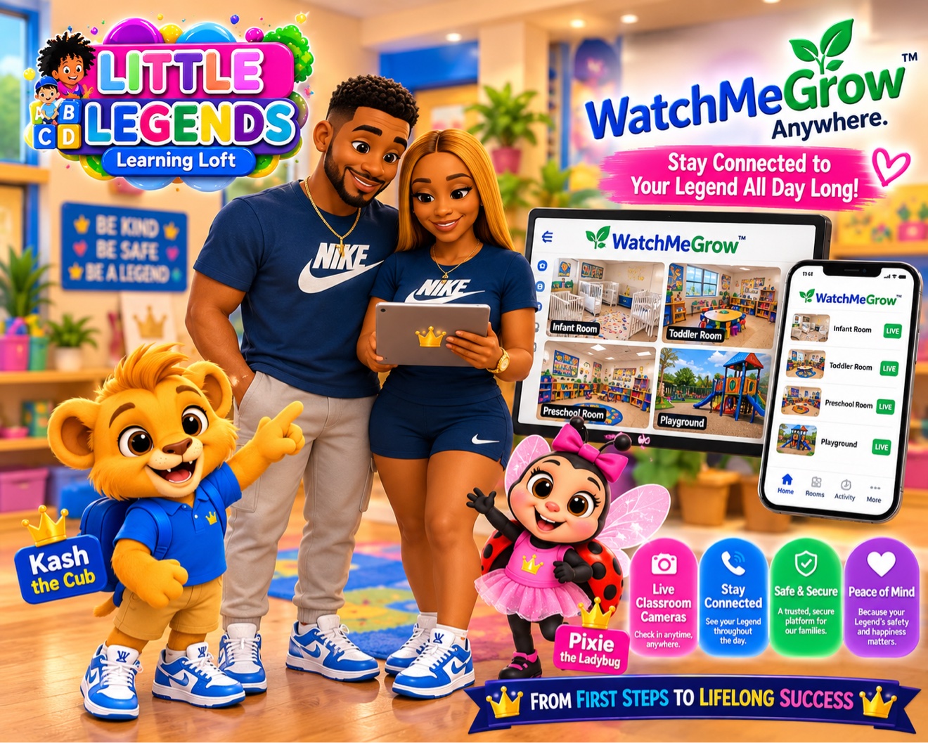 Kash the Cub and Pixie the Ladybug showcasing our WatchMeGrow live classroom camera partnership